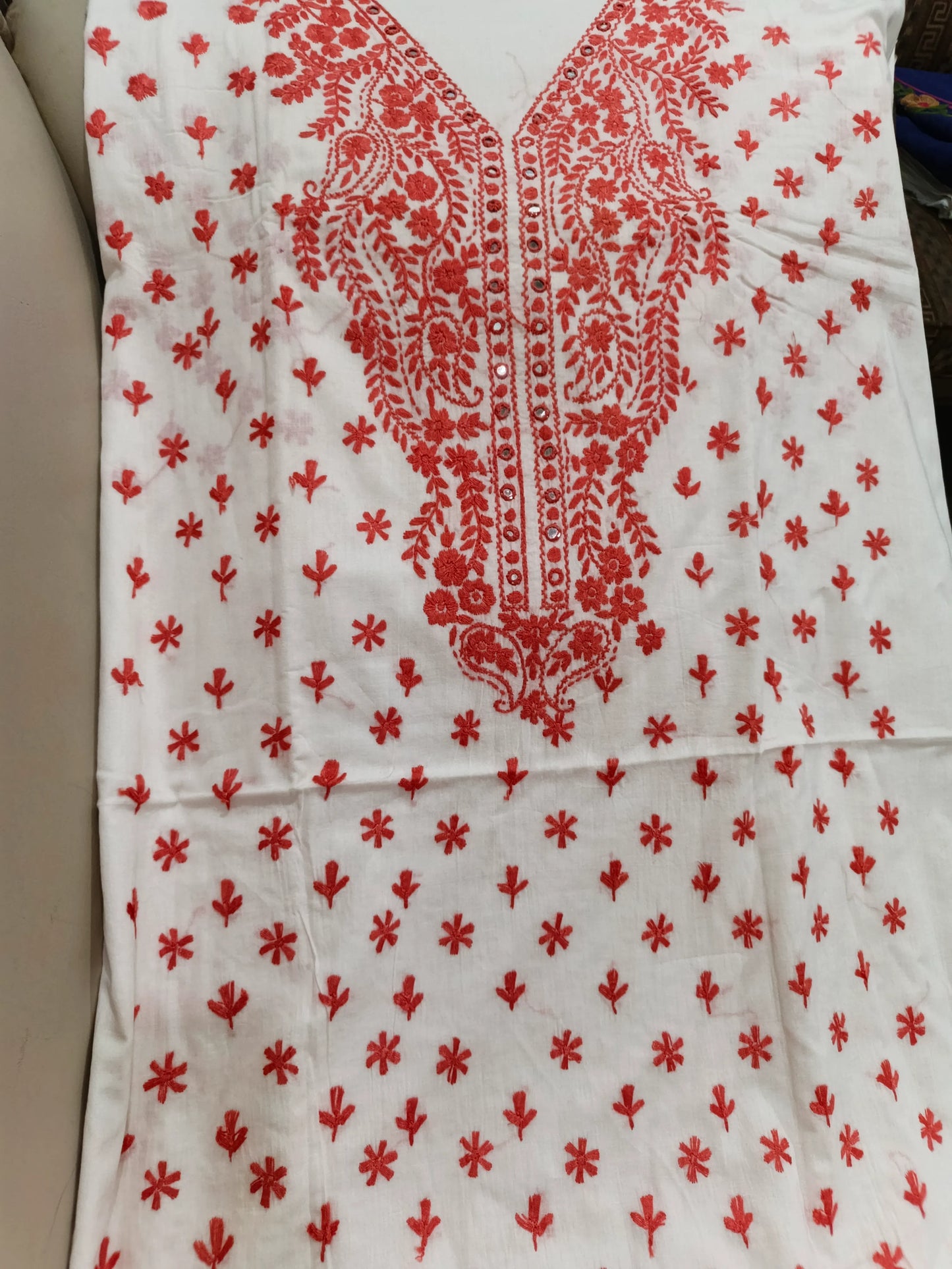 Unstitched Pakka Tanka & Mirror Work Hand Embroidered White & Peach 3PC Suite