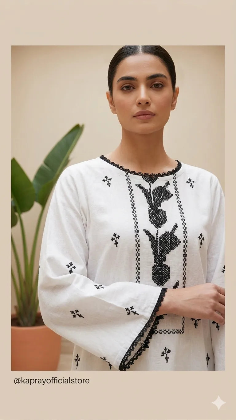 Cross Hatch Black & White  Hand Embroidered Kurta