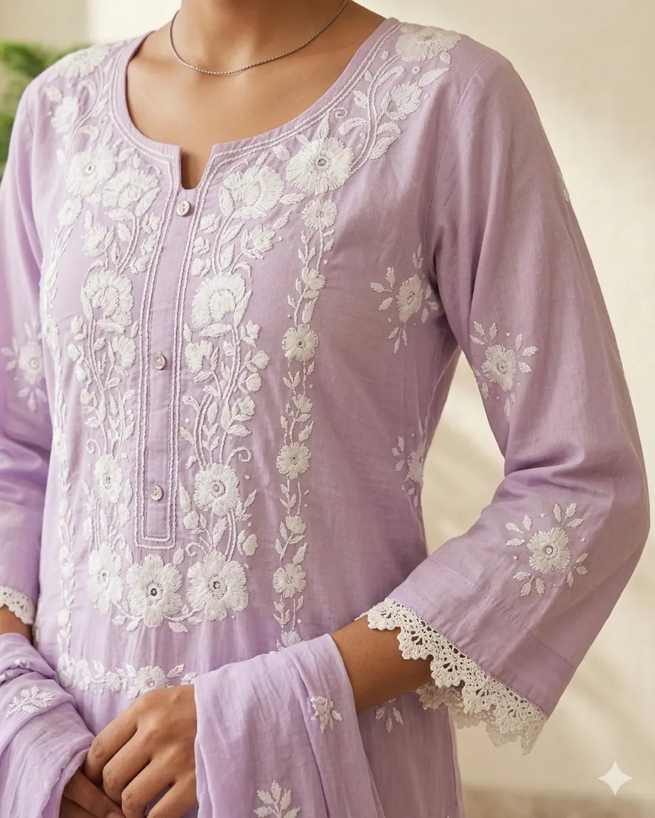 Pakka Tanka &Mirror Work Hand Embroidered Lavender Kurta