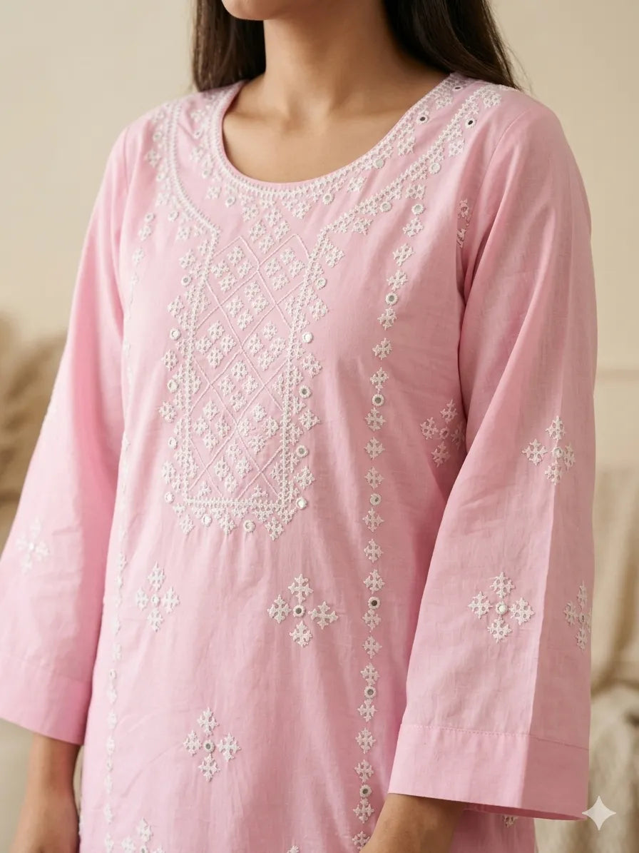 Sindhi Tanka & Mirror Work Pink Kurta