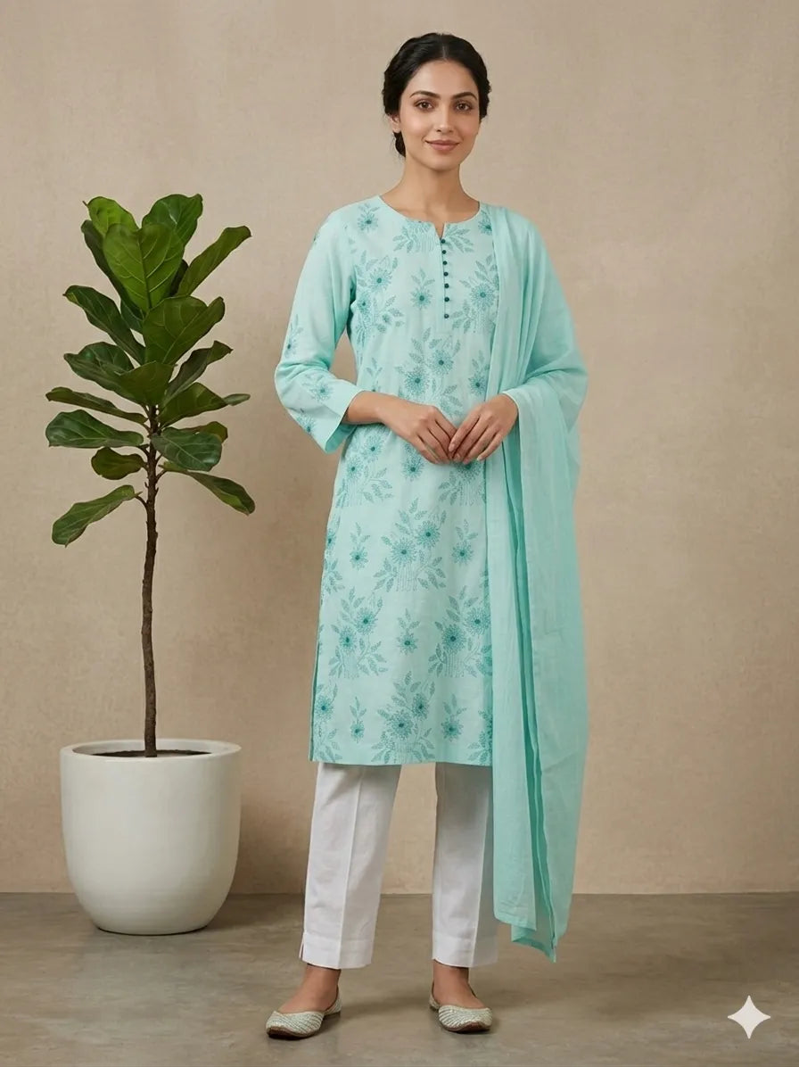 Kantha & Marrori Work Ice Blue Kurta