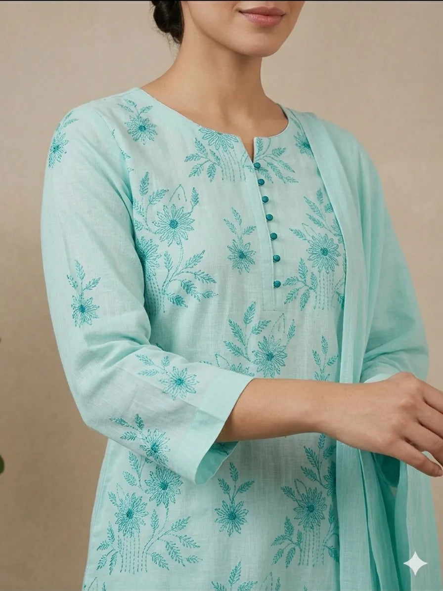 Kantha & Marrori Work Ice Blue Kurta