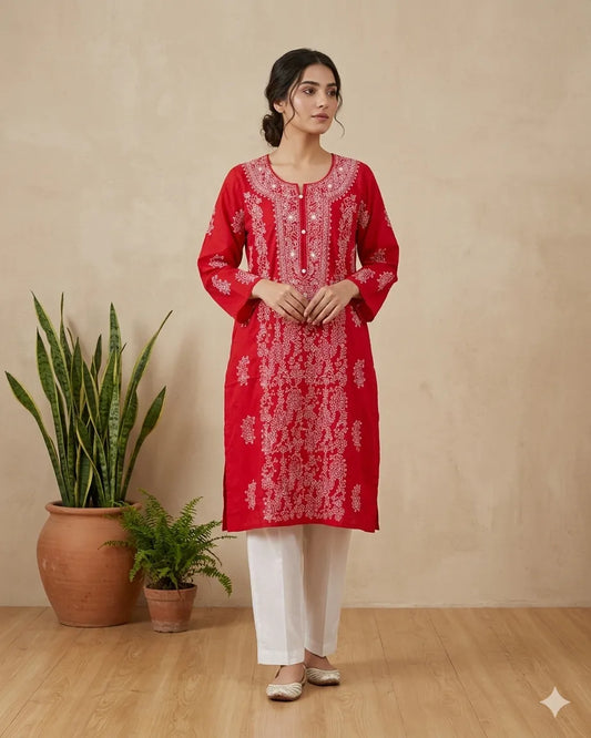 Shadow Work Red Hand Embroidered Kurta