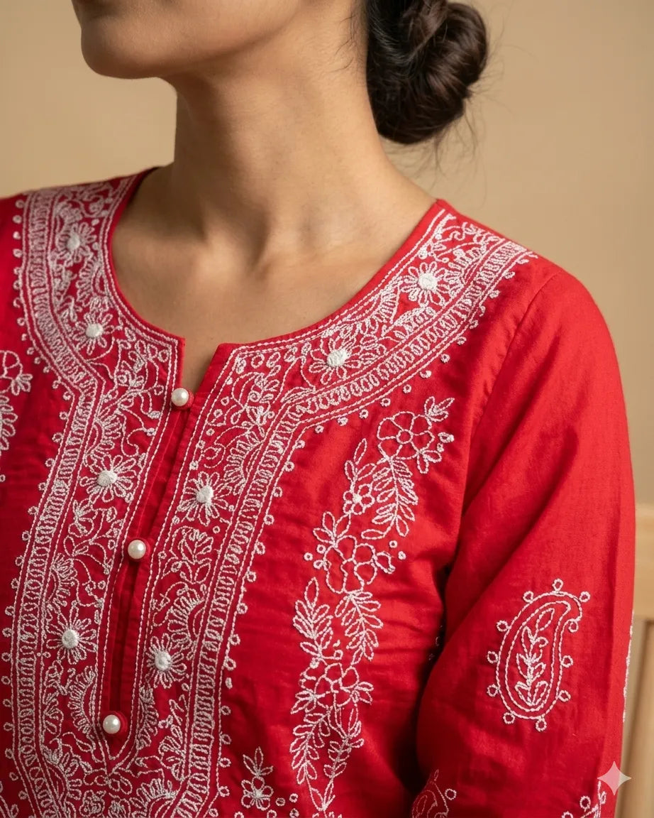 Shadow Work Red Hand Embroidered Kurta