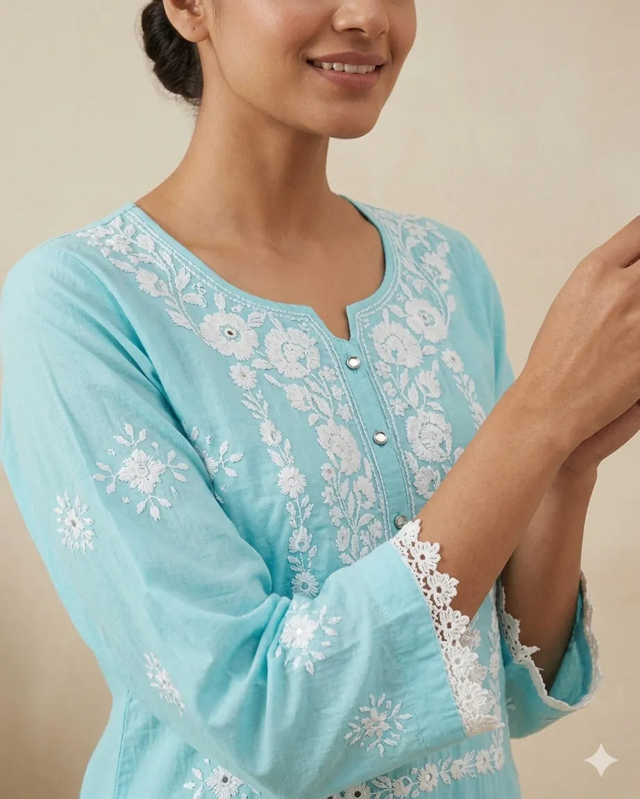 Pakka Tanka & Mirror Work Ice Blue Kurta