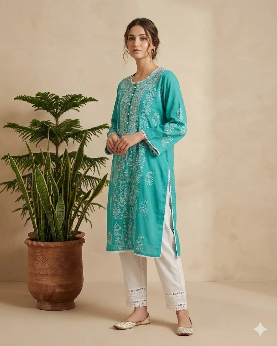Shadow Work Turquoise Hand Embroidered Kurta