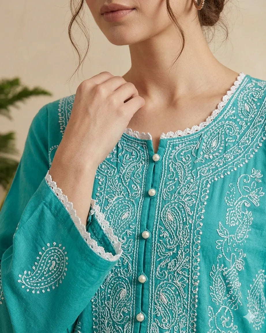 Shadow Work Turquoise Hand Embroidered Kurta