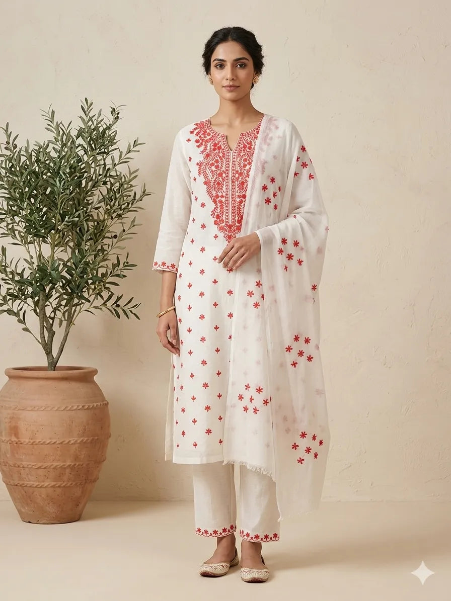 Unstitched Pakka Tanka & Mirror Work Hand Embroidered White & Peach 3PC Suite