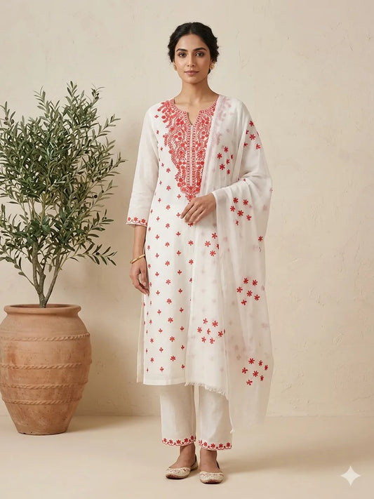 Unstitched Pakka Tanka & Mirror Work Hand Embroidered White & Peach 3PC Suite