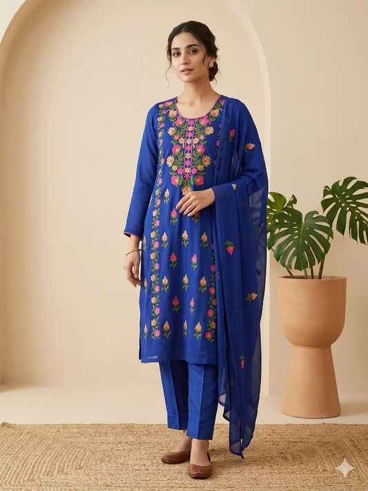 Unstitched Aari Work Hand Embroidered Navy Blue 3PC Suite