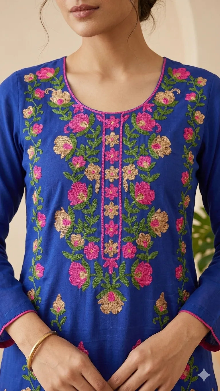 Unstitched Aari Work Hand Embroidered Navy Blue 3PC Suite