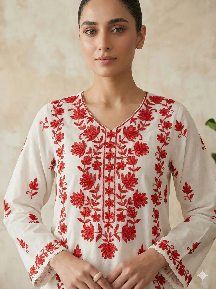 Unstitched Aari Work Hand Embroidered White 3PC Suite