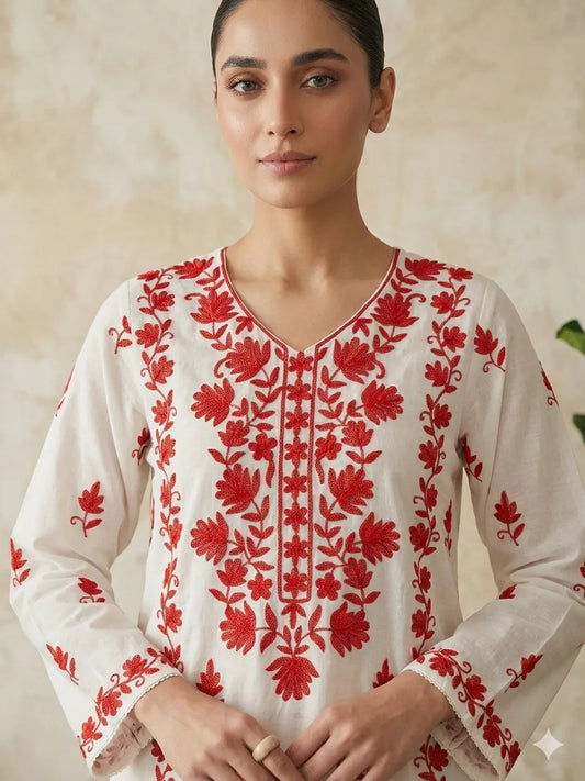 Unstitched Aari Work Hand Embroidered White 3PC Suite