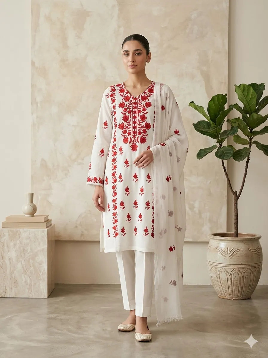 Unstitched Aari Work Hand Embroidered White 3PC Suite