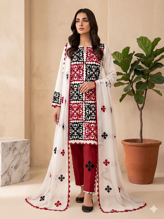 Unstitched Ralli Work Hand Applique Red & Black 3Pc Suite