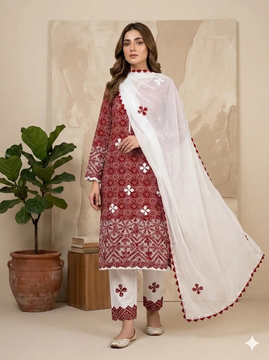 Unstitched Ralli Work Hand Applique Maroon 3Pc Suite