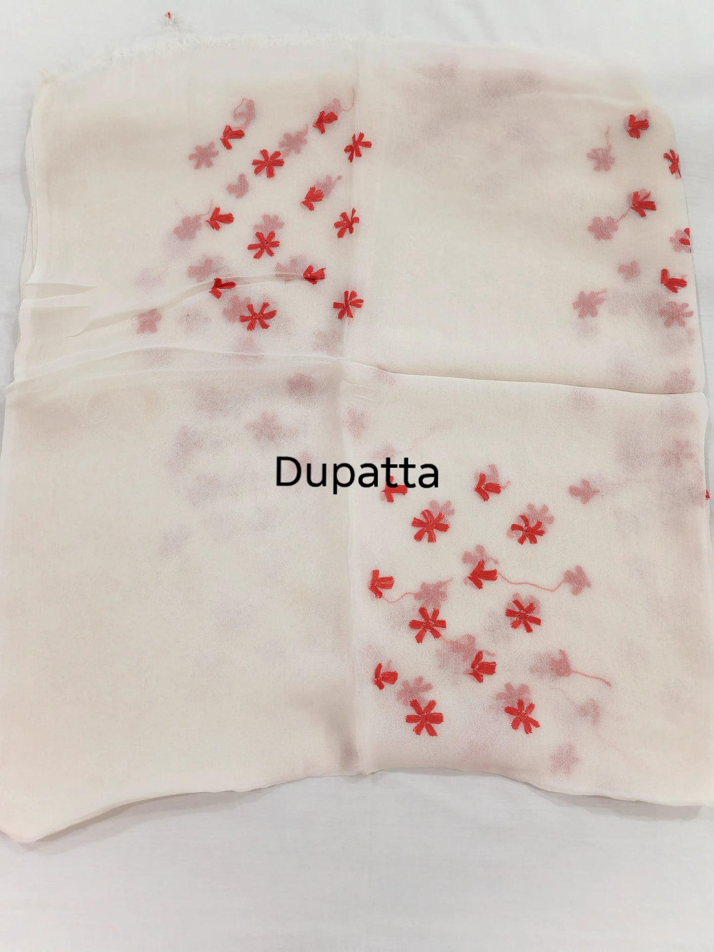 Unstitched Pakka Tanka & Mirror Work Hand Embroidered White & Peach 3PC Suite