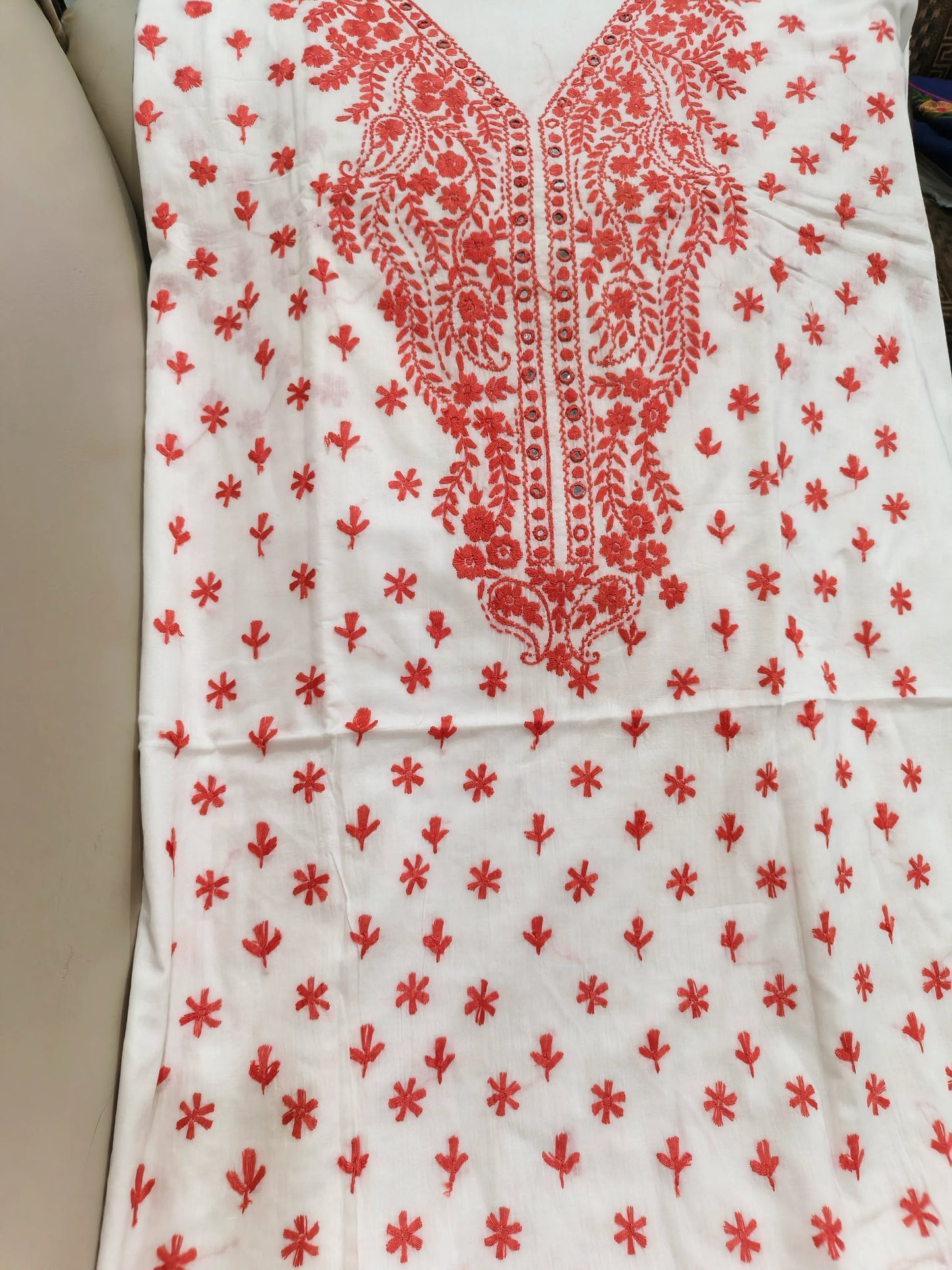 Unstitched Pakka Tanka & Mirror Work Hand Embroidered White & Peach 3PC Suite