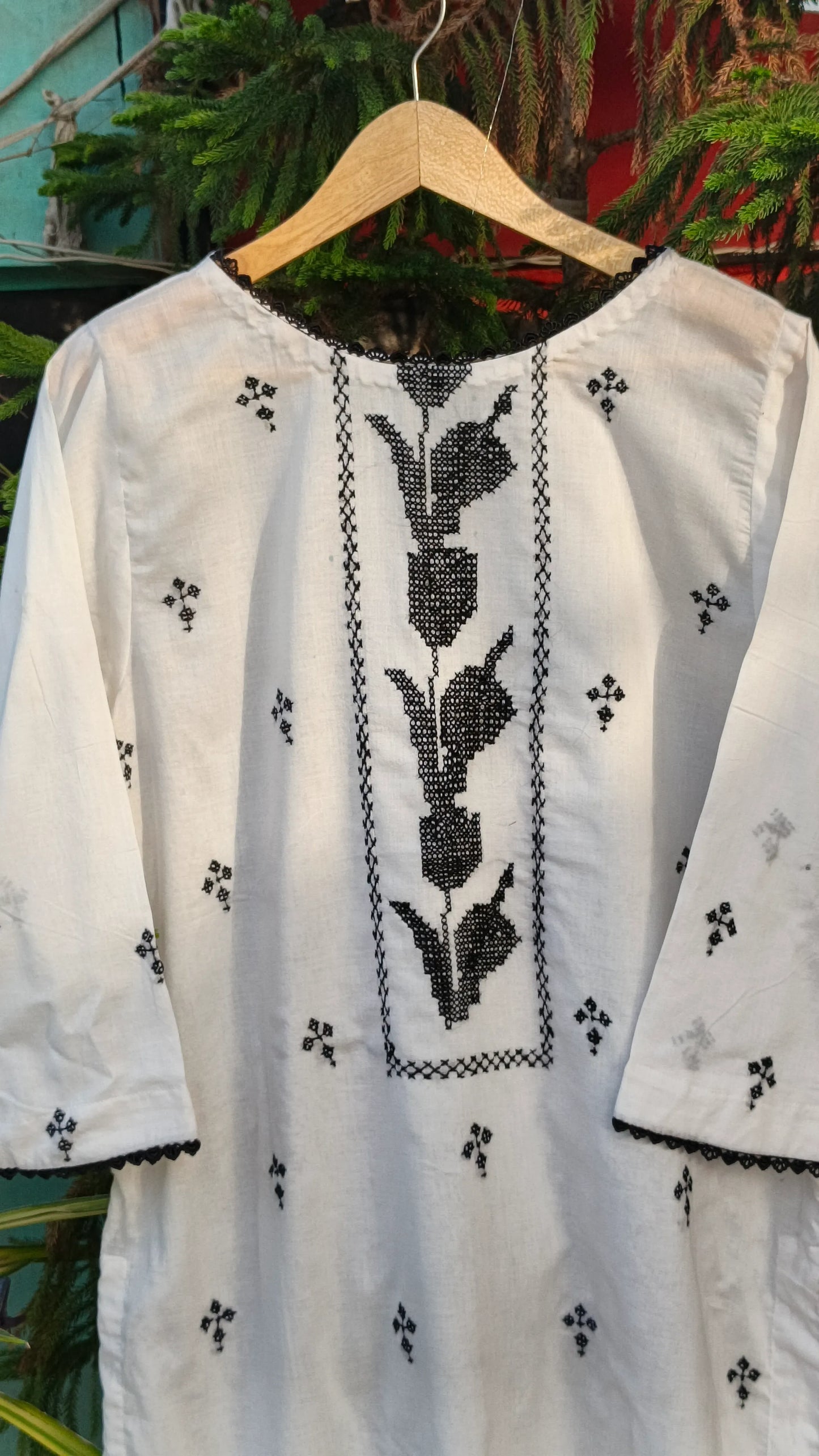 Cross Hatch Black & White  Hand Embroidered Kurta