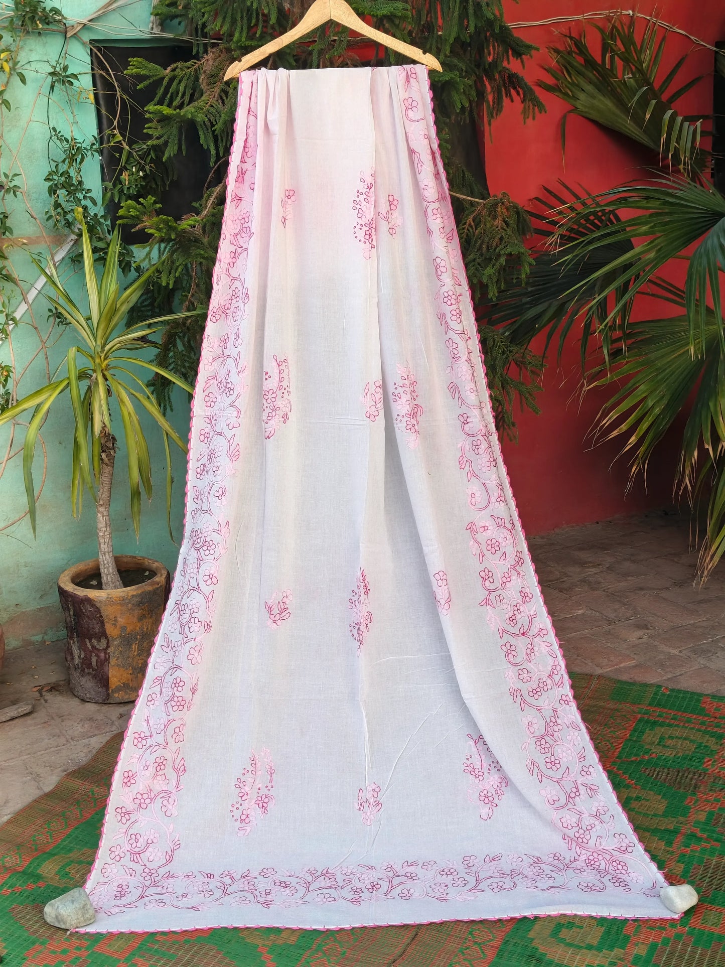 White & Pink ChickenKaari Lawn Dupatta