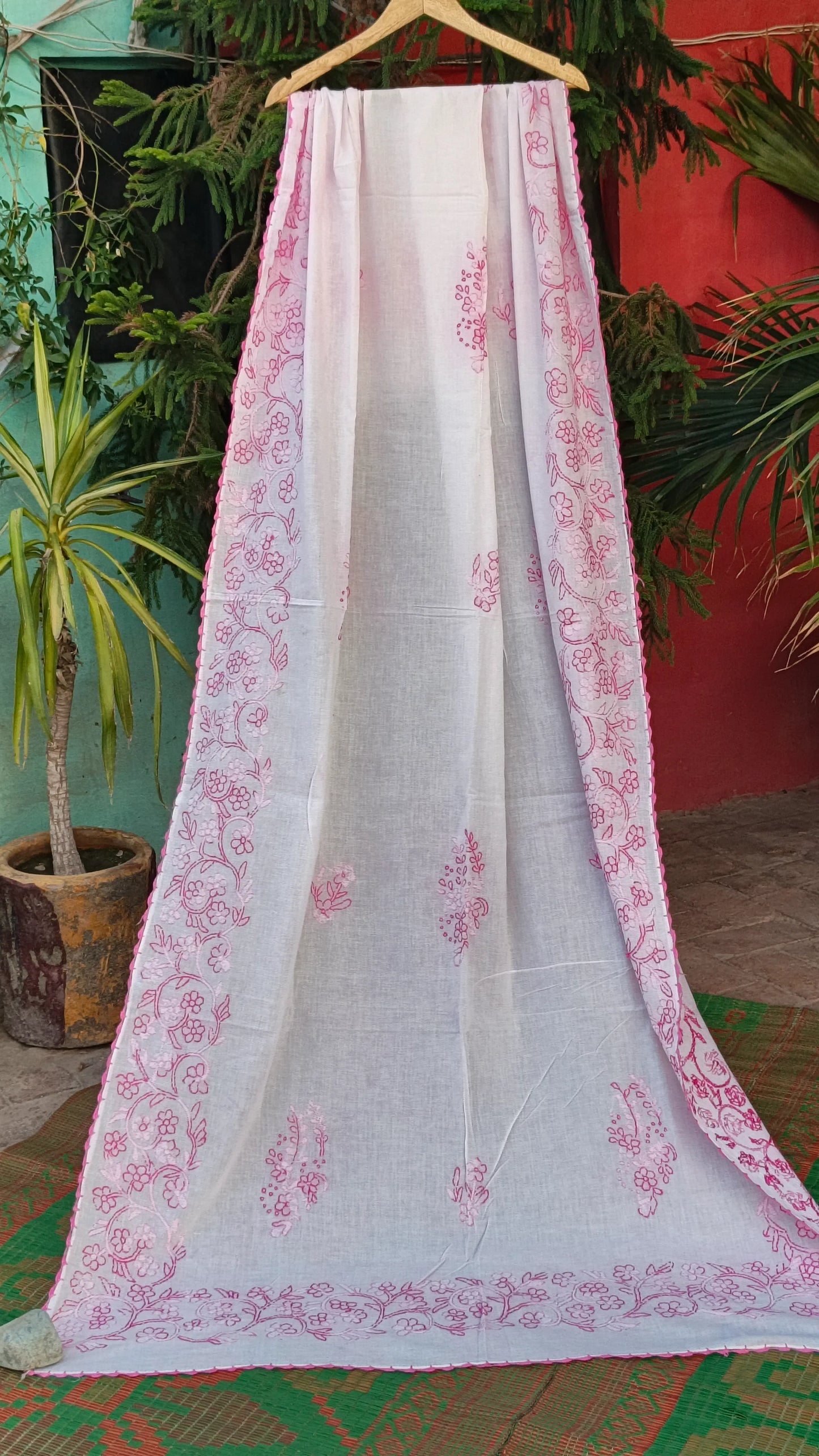 White & Pink ChickenKaari Lawn Dupatta