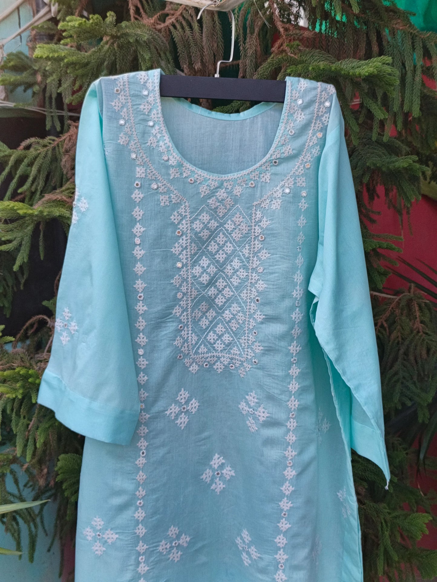 Sindhi Tanka & Mirror Work Ice Blue Kurta
