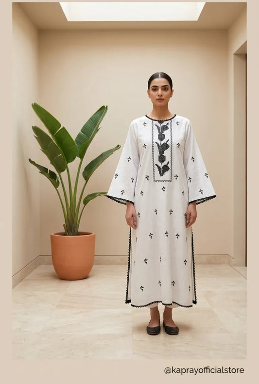Cross Hatch Black & White  Hand Embroidered Kurta