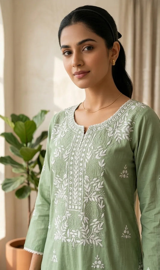 Pakka Tanka & Mirror Work Siege Green Kurta