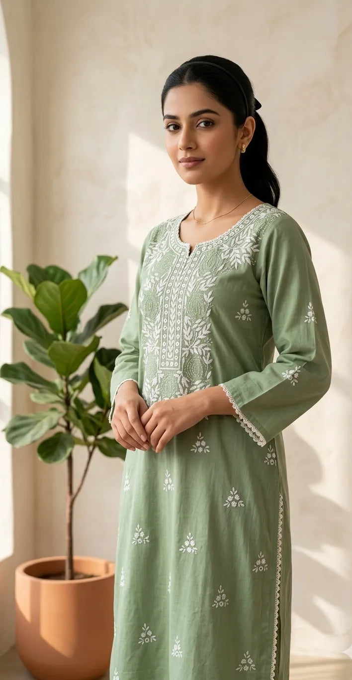 Pakka Tanka & Mirror Work Siege Green Kurta