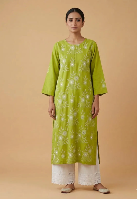Kantha & Marrori Work Olive Kurta
