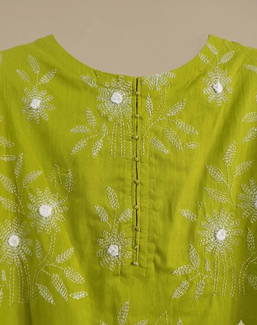 Kantha & Marrori Work Olive Kurta