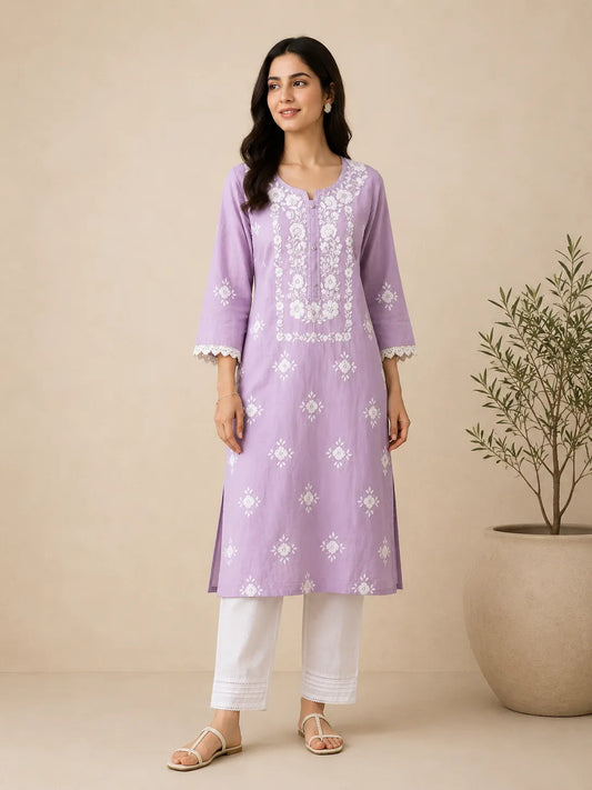 Pakka Tanka &Mirror Work Hand Embroidered Lavender Kurta