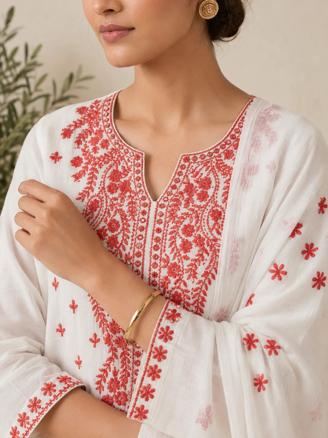 Unstitched Pakka Tanka & Mirror Work Hand Embroidered White & Peach 3PC Suite