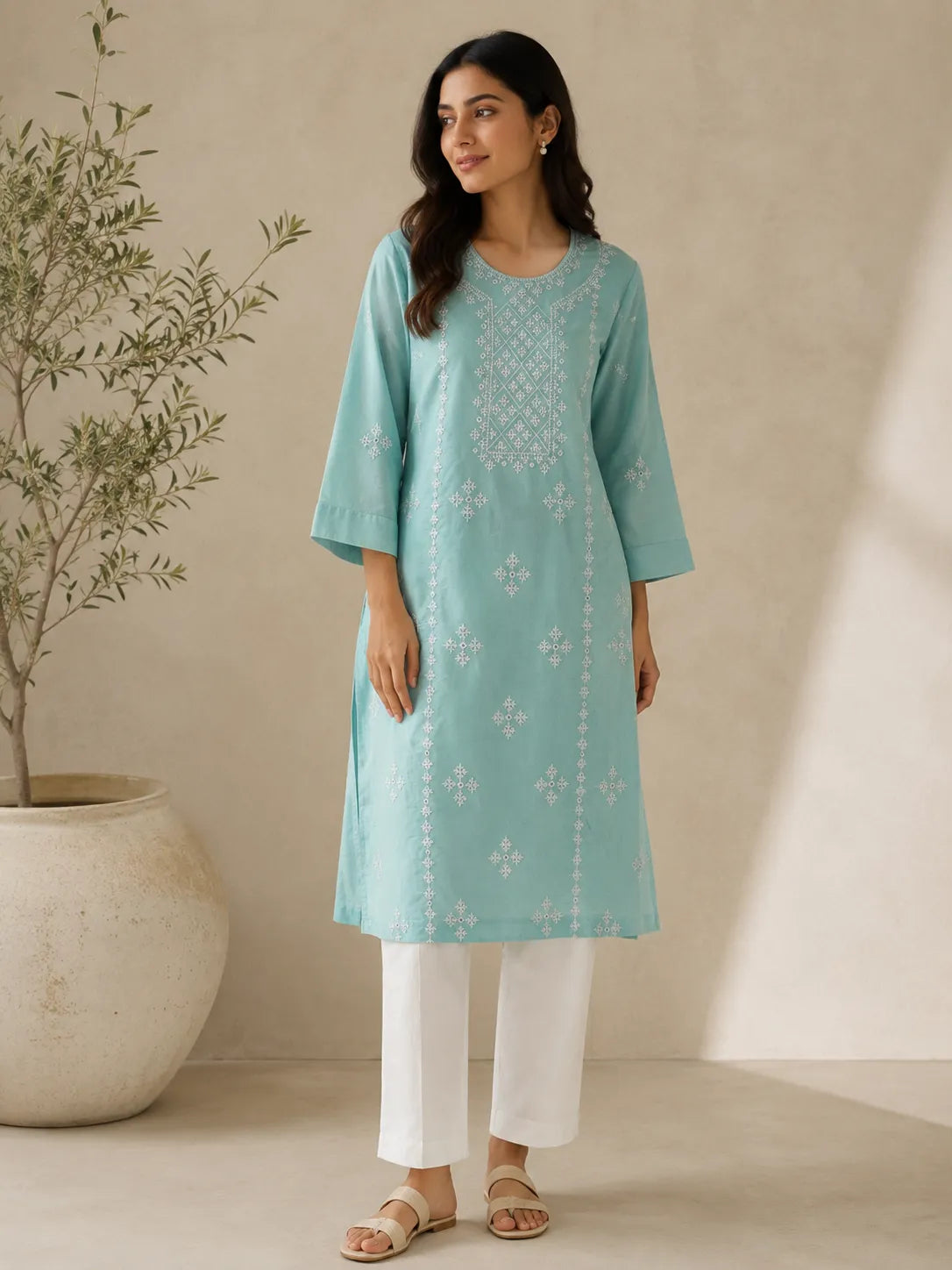 Sindhi Tanka & Mirror Work Ice Blue Kurta